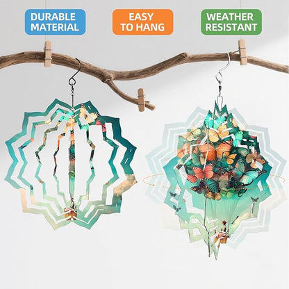 8 Inch Sublimation Wind Spinner, 3D Aluminum Metal Wind Spinner with Hook, Indoor Yard Garden Hanging Decoration, Weather Resistant Rotating Spiral Ornament, Butterfly Hot Air Balloon
