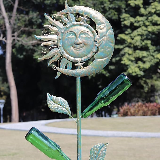 Moon & Sun Face Glass Bottle Tree/Wine Bottle Trees for the Garden Outsides Decorative Bottles Holder for Outside Party andscape Decoration