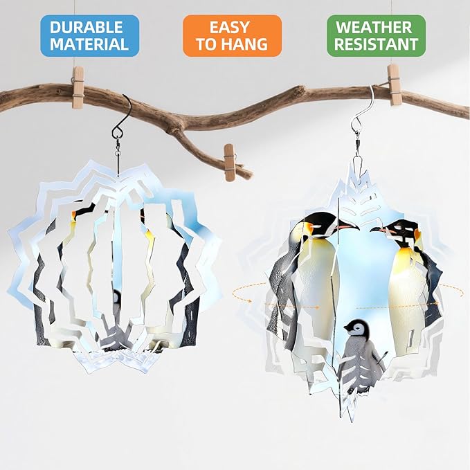 8 Inch Sublimation Wind Spinner, 3D Aluminum Metal Wind Spinner with Hook, Indoor Yard Garden Hanging Decoration, Weather Resistant Rotating Spiral Ornament, Penguin Family