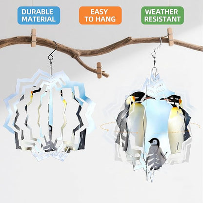 8 Inch Sublimation Wind Spinner, 3D Aluminum Metal Wind Spinner with Hook, Indoor Yard Garden Hanging Decoration, Weather Resistant Rotating Spiral Ornament, Penguin Family