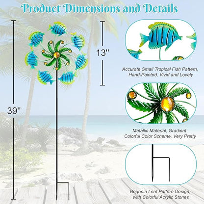 Tropical Fish Wind Spinners - 39" Ocean-Themed Metal Wind Sculptures Garden Stake Art, 13.5” Windmill Yard Kinetic, Outdoor Decor for Patio & Lawn - Metal Beach Sculpture with Fish Design