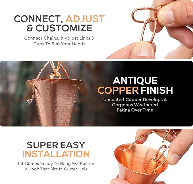 Copper Rain Chain – Decorative Chimes & Cups Replace Gutter Downspout & Divert Water Away from Home for Stunning Fountain Display – 6.5’ Long for Universal Fit – Bell Style