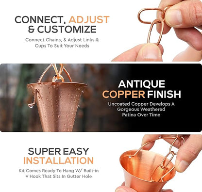 Copper Rain Chain – Decorative Chimes & Cups Replace Gutter Downspout & Divert Water Away from Home for Stunning Fountain Display – 3’ Long for Universal Fit – Bell Style