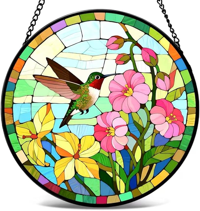 Funoasis Stained Glass Window Hanging 6.3 Inches Suncatcher - The Hummingbird Flew to The Edge of The Flower Ornaments Sun Catcher Home Decor Women Birthday
