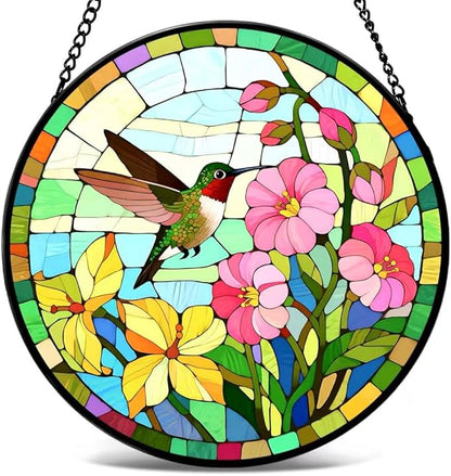 Funoasis Stained Glass Window Hanging 6.3 Inches Suncatcher - The Hummingbird Flew to The Edge of The Flower Ornaments Sun Catcher Home Decor Women Birthday