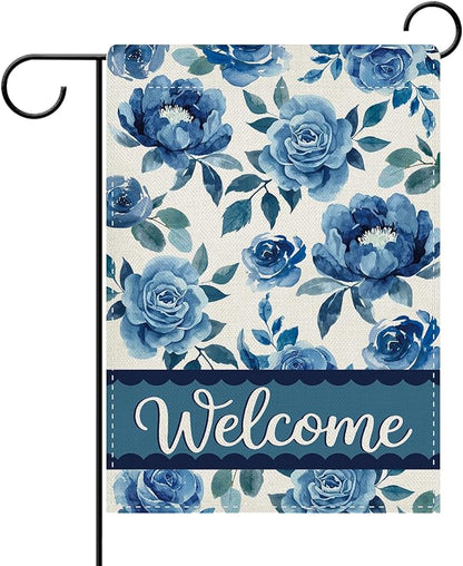 Dyrenson Blue Floral Welcome Decorative Garden Flag, Watercolor Rose Peony Flowers Yard Outside Home Decoration, Spring Summer Burlap Outdoor Small Decor Double Sided 12 x 18