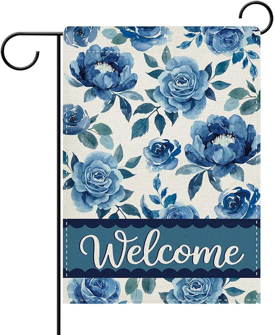 Dyrenson Blue Floral Welcome Decorative Garden Flag, Watercolor Rose Peony Flowers Yard Outside Home Decoration, Spring Summer Burlap Outdoor Small Decor Double Sided 12 x 18