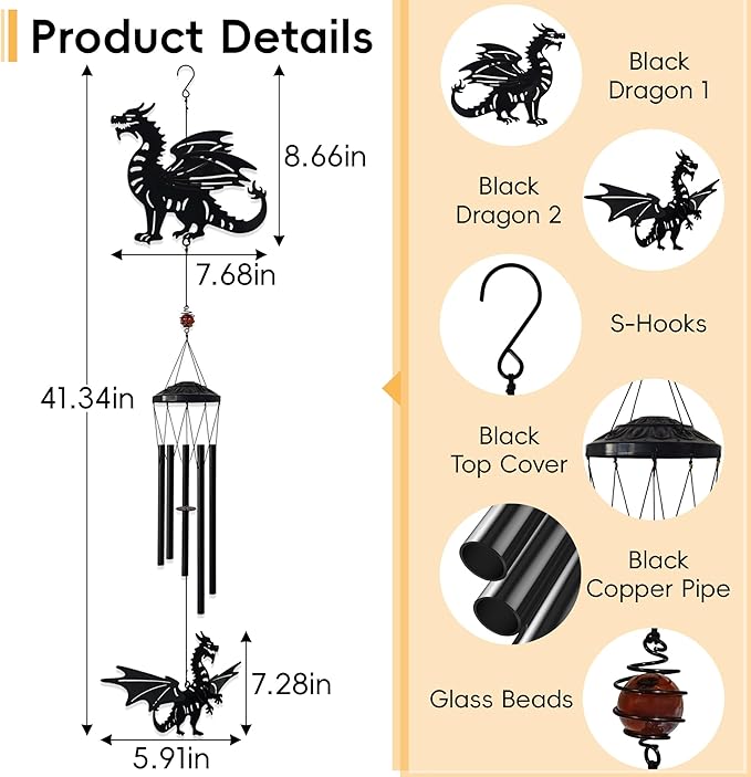 41" Adjustable Dragon Wings Wind Chimes for Outside Large Metal Wind Chime with Deep Tone,Black Matte Finish,Fantasy Outdoor,Indoor Decorative Windchimes,Unique Gift for Dragon Year & Fantasy Lovers