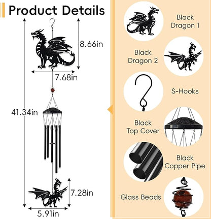 41" Adjustable Dragon Wings Wind Chimes for Outside Large Metal Wind Chime with Deep Tone,Black Matte Finish,Fantasy Outdoor,Indoor Decorative Windchimes,Unique Gift for Dragon Year & Fantasy Lovers