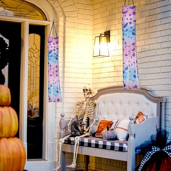 Halloween Bats Stars Windsock Hanging Flag Durable Fabric Polyester Wind Sock with Tails Patio Lawn Garden Tree Party Fall Thanksgiving Decoration