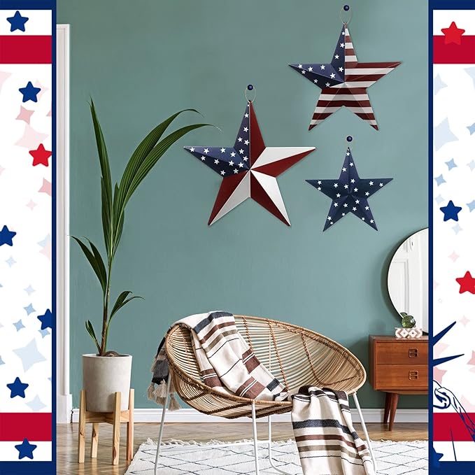 Funrous 3 Pcs Memorial Day Decorations Outdoor 12'' 8'' and 6'' Patriotic Metal Stars American Flag Stars 3D Wall Art Decor 4th of July Barn Star for Home Porch Yard