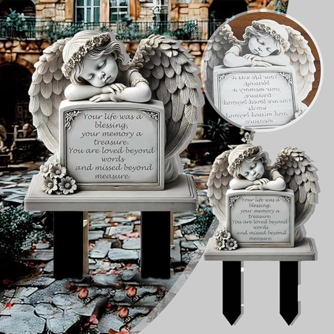Garden Angel Statue, Angel Tombstone Commemorative Plaque, Memorial Plaque with Sleeping Angel Garden Statue, Sympathy Gift Human Memorial Gifts, in Memory of Loved One, Bereavement Gifts