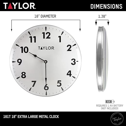 Taylor Indoor Outdoor Metal Wall Clock, Wireless Thermometer with Easy to Read Large Numbers for Patio, Pool, and Indoor Areas, 18-inch