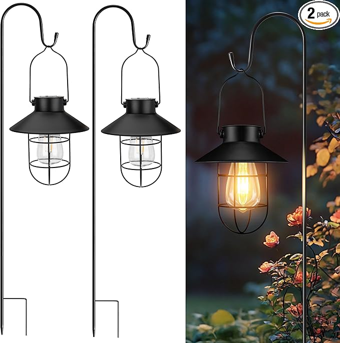 pearlstar 2 Pack Solar Lights Outdoor, Hanging Solar Lanterns with Edison Bulb and 2 x 32 Inch Shepherd Hooks, Waterproof Landscape Lighting for Garden Patio Yard Pathway Driveway Lawn (Black)