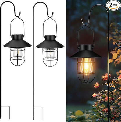 pearlstar 2 Pack Solar Lights Outdoor, Hanging Solar Lanterns with Edison Bulb and 2 x 32 Inch Shepherd Hooks, Waterproof Landscape Lighting for Garden Patio Yard Pathway Driveway Lawn (Black)