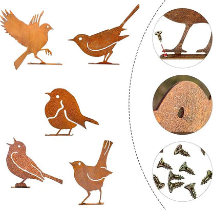 5PCS Rusty Metal Birds Decorations, Garden Yard Art Outdoor Ornaments, Bird Silhouette Statues for Fence Trees, Rustic Cardinal Gifts Spring Decorations (Style B)