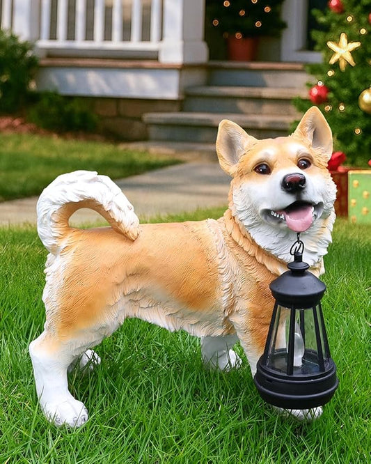 Dog Garden Statue with Solar Lantern & Welcome Sign, Lifelike Shiba Inu Outdoor Yard Art Sculpture, Resin Puppy Figurine Decor for Patio, Porch, Lawn, Gifts for Dog Lovers (9.8 Inch)