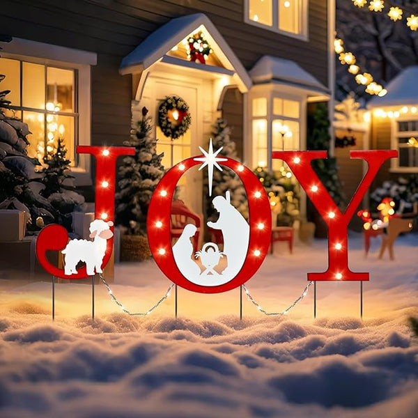 WONDER GARDEN Outdoor Christmas Decorations, 3 PCS Metal Christmas Yard Signs, Joy with Nativity Sets Outdoor and Led Light Xmas Yard Stake for Lawn Religious Scenes Yard Decor