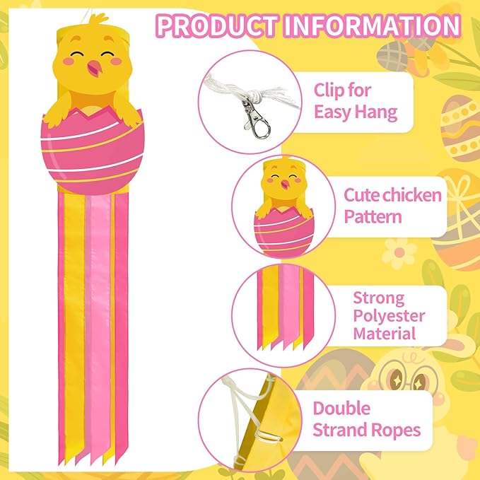 40 Inches Easter Chick Windsock Decorations, Hanging Outdoor Spring Decor with Pink Egg, and Pastel Colors Streamers, Festive Wind Sock Ornament Sign for Outside Garden, Home, Porch, and Yard