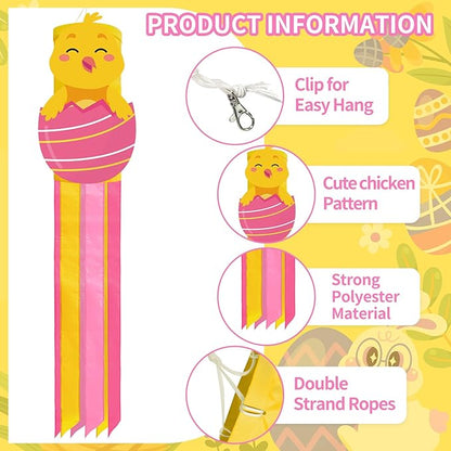 40 Inches Easter Chick Windsock Decorations, Hanging Outdoor Spring Decor with Pink Egg, and Pastel Colors Streamers, Festive Wind Sock Ornament Sign for Outside Garden, Home, Porch, and Yard