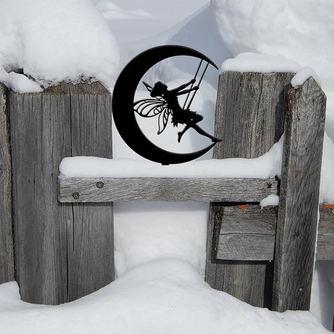 SUPERDANT Fairy Garden Decor Moon Swing Black Silhouette Outdoor Lawn Pots Decor Elves Metal Garden Stakes Decorative Metal Yard Art for Yard Patio Trees Gift for Gardeners Mother's Day