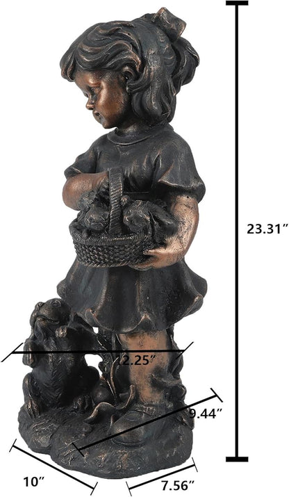 LuxenHome Garden Decor Statue,23" Fiber Stone Girl and Puppy Outdoor Statue, Bronze Garden Sculpture, Outdoor Art for Patio Courtyard Backyard Decor, House Warming Gifts