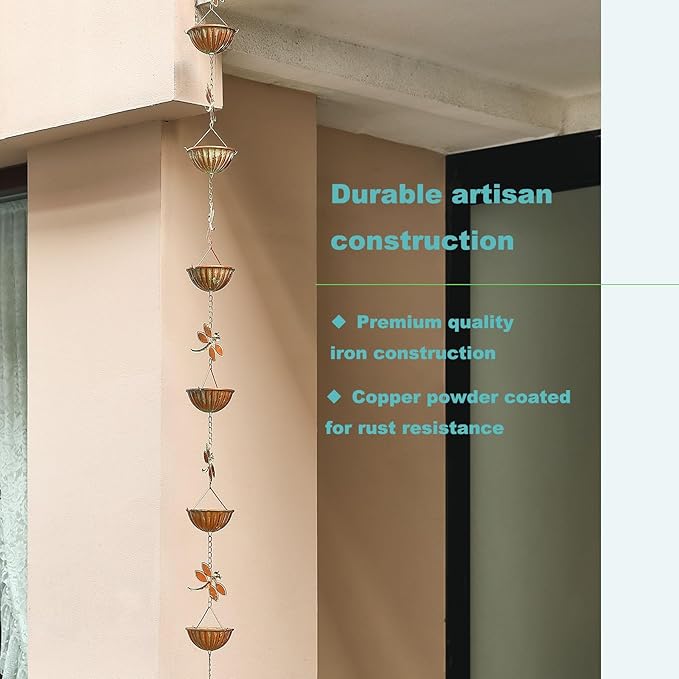 Dragonfly & Bowl Rain Chains, 8.5 ft Length Decorative Rain Catcher Chain for Gutters Outside, Iron Rain Gutter Replacement Downspout, Patina Color