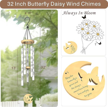 Modern Wind Chimes for Outside, 32" Daisy Print Wind Chime with Butterfly Pendant for Birthday, Mother's Day, Unique Gifts for Women, Garden Yard Patio Porch Home Hanging Decor(Whitestone)