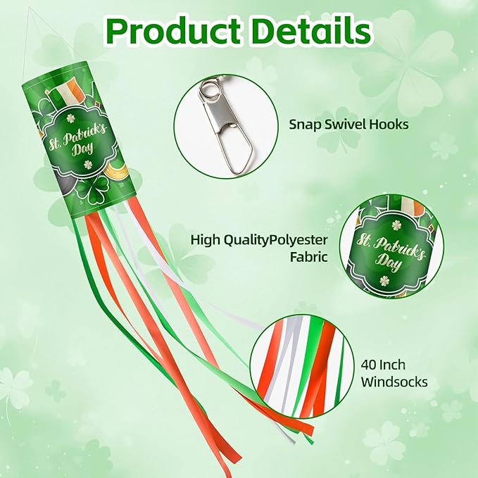 2Pack 40 Inch St. Patrick’s Day Outdoor Windsock, Green Outdoor Holiday Windsock Flags Decorations, Shamrock Irish Pattern Design for Yard Garden Home Party Hanging Decor