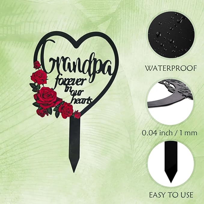 AIM & GGKK Memorial Stake for Grandpa - Metal Heart Grave Marker with Red Roses, Memorial Plaque Cemetery Decor for Grave, Garden, Gravesite