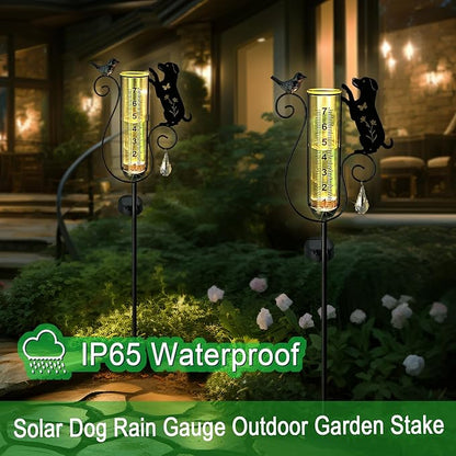 Rain Gauge Outdoor with Large Number Scale,Solar Powered Decorative Dog and Bird Garden Stake for Outside,Yard, Lawn, Pathway