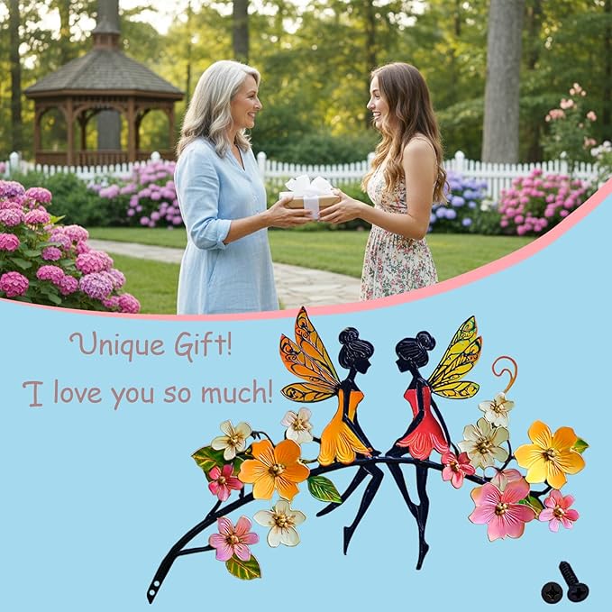Colorful Metal Fairy Garden Stake - Fairies on Flowering Tree Branch Statue, Rustproof Outdoor Indoor Decor for Patio, Yard, Wall & Fence(Fairys2)