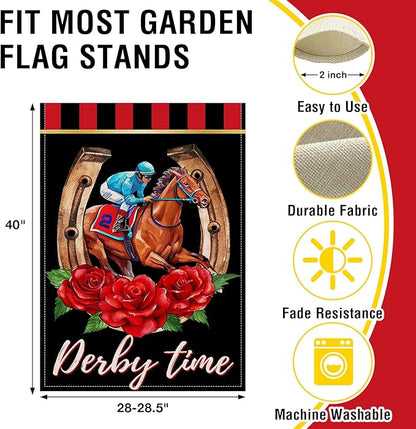 Artofy Derby Time Horse Racing Large Decorative House Flag, Kentucky Jockey Rose Flower Black Red Yard Garden Outside Decor, Horseshoe Burlap Outdoor Home Decoration Double Sided 28 x 40