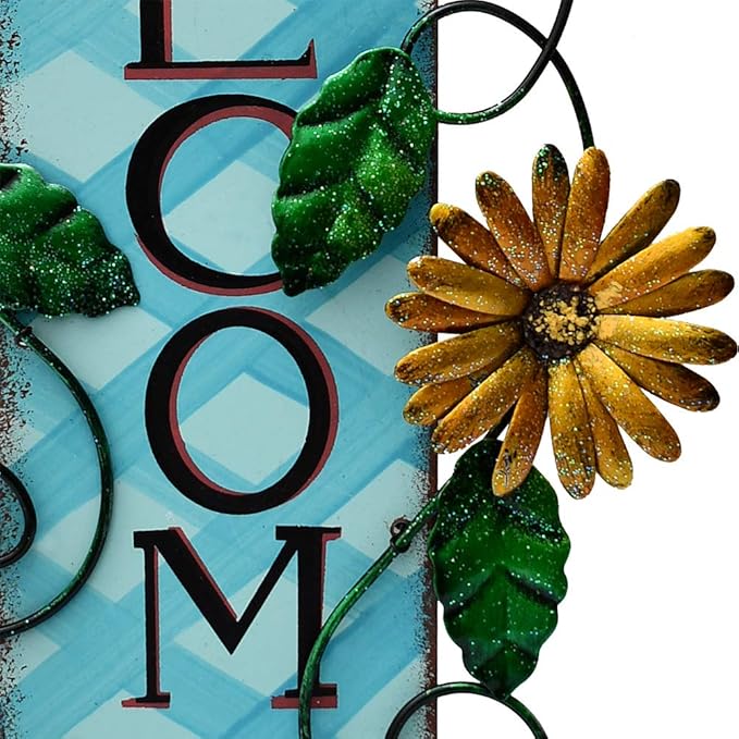 Metal Welcome Sign Hanging Flower Signs Wreath Decor - Rustic Decorative Door Hanger Indoor Outdoor Spring Decoration for Front Door Porch Wall (Set)