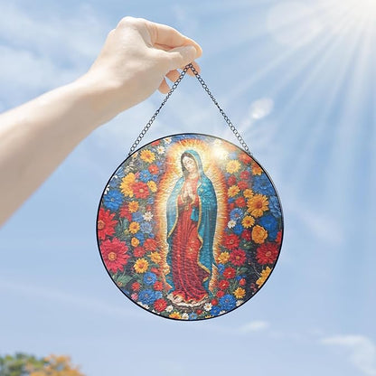 FLAGWIX Christmas Christian Gifts for Women - Virgen De Guadalupe Stained Glass Window Hanging 10 in - Christian Religious Gifts for Women Mom, Our Lady of Guadalupe Sun Catchers Indoor Window