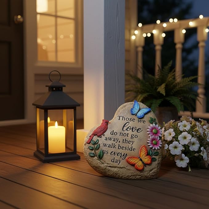 Memorial Stones for Loved Ones Outside with Cardinal Butterfly Flowers, Sympathy Gifts for Loss of Loved One Waterproof Resin Grave Decorations for Cemetery 10 inch
