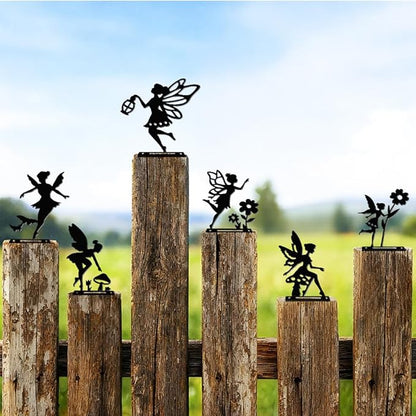 6 Pcs Fairy Fence Decor, Outdoor Garden Metal Black Fairy Decoration, Metal Art Ornament for Yard, Double-Side Design