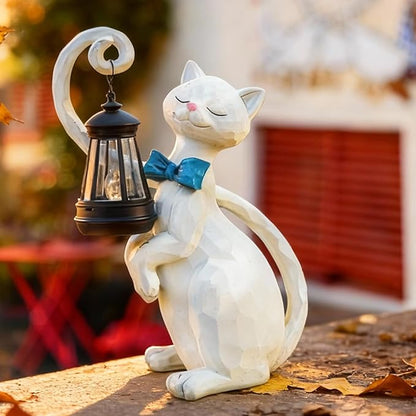 WHIMSYNOOK 10.7" White Cat Solar Garden Light Statue – Outdoor Garden & Yard Decor, LED Lantern, Gift for Cat Lovers