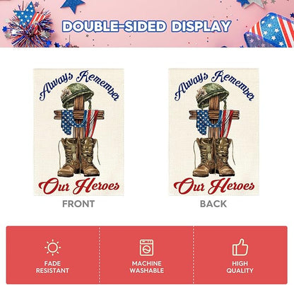 AVOIN colorlife Memorial Day Always Remember Our Heroes House Flag 28x40 Inch Double Sided, Military Soldiers Boots Patriotic Veteran Yard Outdoor Decoration
