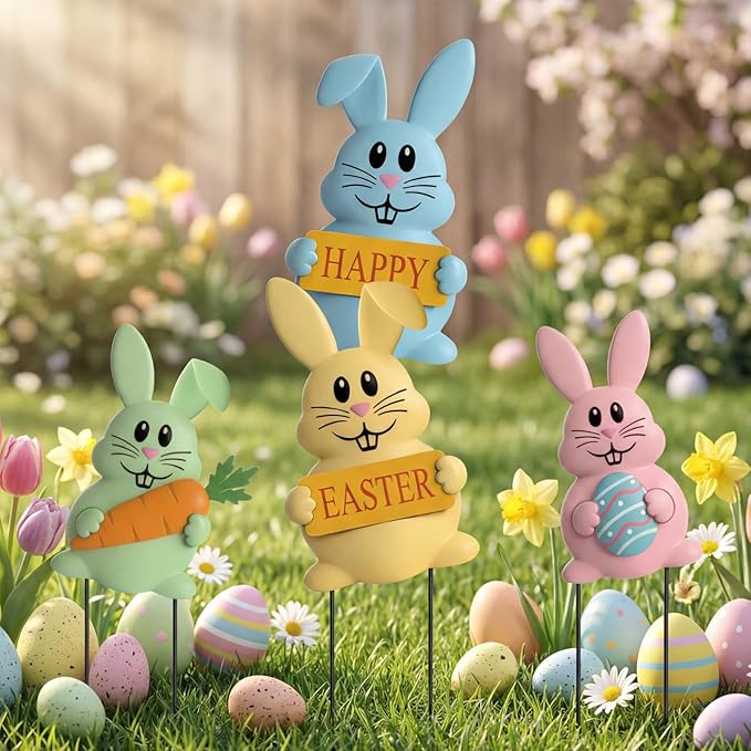 Qunclay Set of 4 Metal Easter Bunny Yard Signs Cute Rabbit Garden Stakes 13.4 Inch Colorful Bunny Yard Decorations in Pink Blue Yellow Green Easter Party Spring Outdoor Lawn Front Door Home Decor