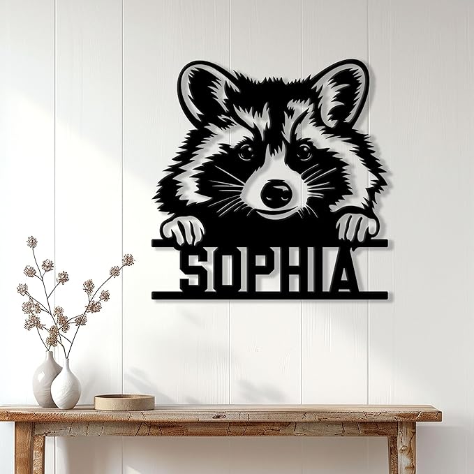 Personalized Raccoon Metal Sign, Raccoon Hanging Sign Outdoor Porch Welcome, Custom Name Wall Fence Yard Patio Home Office Decor Gifts Birthday