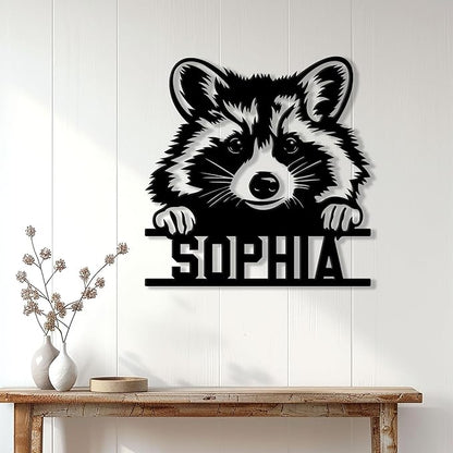 Personalized Raccoon Metal Sign, Raccoon Hanging Sign Outdoor Porch Welcome, Custom Name Wall Fence Yard Patio Home Office Decor Gifts Birthday