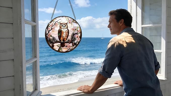 Stained Glass Window Hanging - The Owl is on The Branch of The Pine Tree 6.3 Inches Suncatcher for Garden Home Decor for Women Mon Grandma Friends