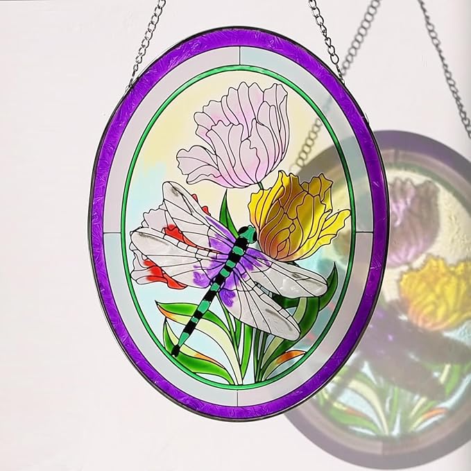 Stained Glass Window Hanging Dragonfly Suncatchers 10 Inch Glass Panel Sun Catchers Window Valentine Wall Art, Stained Glass Dragonfly Light Catchers for Windows Glass Valentine Gift