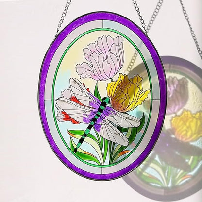Stained Glass Window Hanging Dragonfly Suncatchers 10 Inch Glass Panel Sun Catchers Window Valentine Wall Art, Stained Glass Dragonfly Light Catchers for Windows Glass Valentine Gift