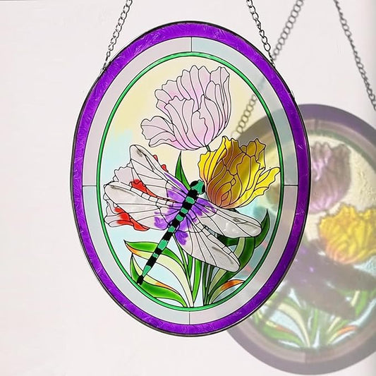 Stained Glass Window Hanging Dragonfly Suncatchers 10 Inch Glass Panel Sun Catchers Window Valentine Wall Art, Stained Glass Dragonfly Light Catchers for Windows Glass Valentine Gift