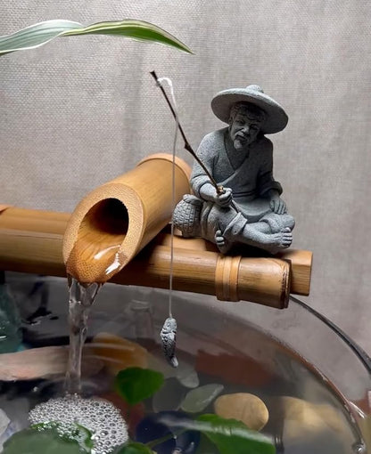 livelyfish Mini Fisherman Statue Asian Zen Decoration Sitting Fishing Figurines Sandstone Vintage Ornament for Aquarium Fish Tank Pot Garden Home Japanese Decor (A2)