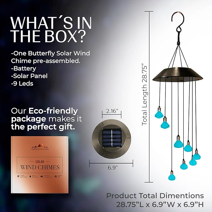 Upblend Outdoors Solar Wind Chimes for Outside – Color Changing LED Wind Chimes for Outside, Solar Chimes Outdoor Waterproof – Diamond, Light Blue