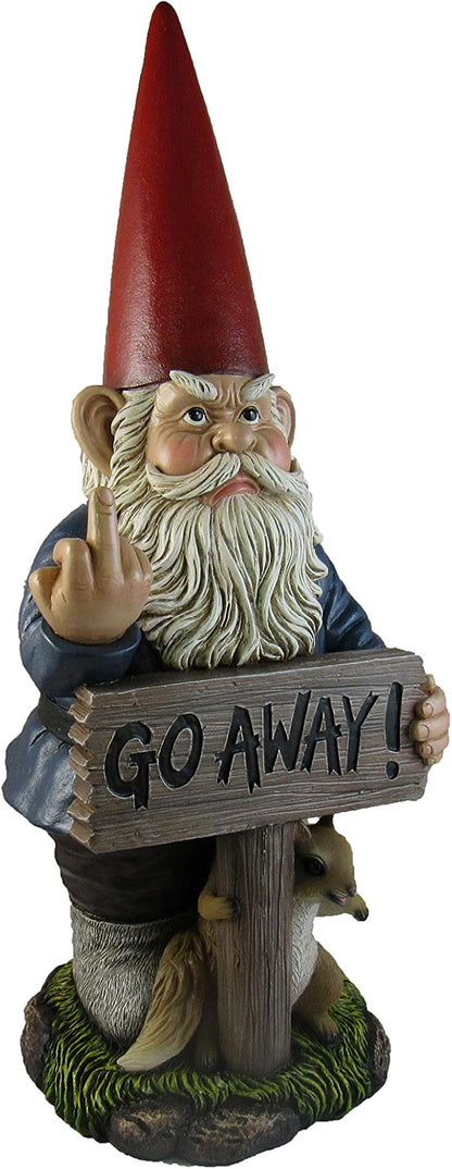DWK Take A Hike Defiant Go Away Resin Garden Gnome Un-Welcome Sign - Red Hat Grumpy Rude Gesture Porch Statue - Standing 17.5 Inches Tall - Giving a One-Finger Salute
