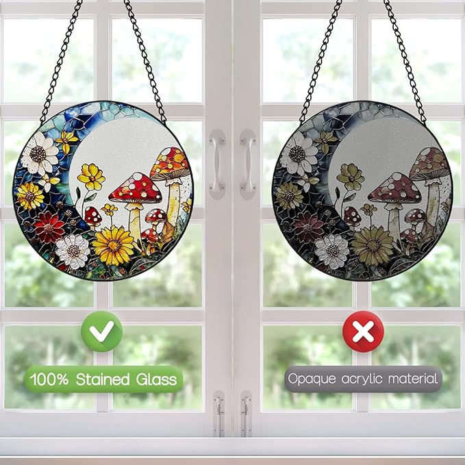 Stained Glass Window Hanging, 8 Inch Mushroom Suncatcher, Sun Catchers Indoor Window, Mushrooms Flowers Suncatchers for Windows Hanging, Spring Home Garden Decor Panel Gifts for Women Mom Grandma